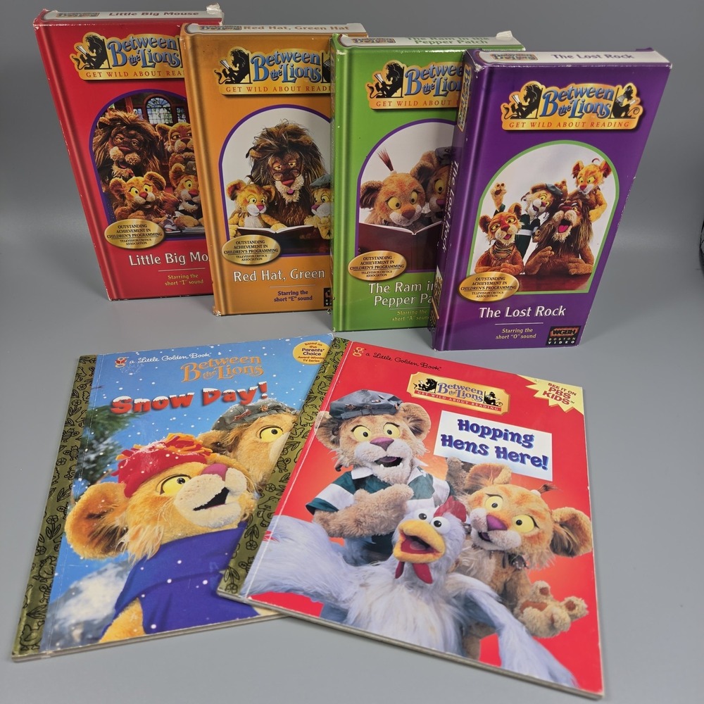 Between the Lions VHS + Golden Book Lot PBS Kids Reading Educational Y2K
